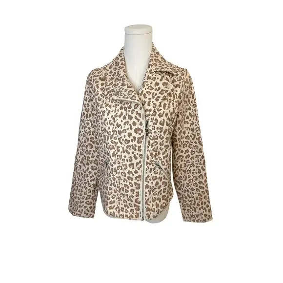 Adyson Parker Leopard Moto Jacket Size M Beige Tan Blush Silver Zipper Tailored - Picture 2 of 13